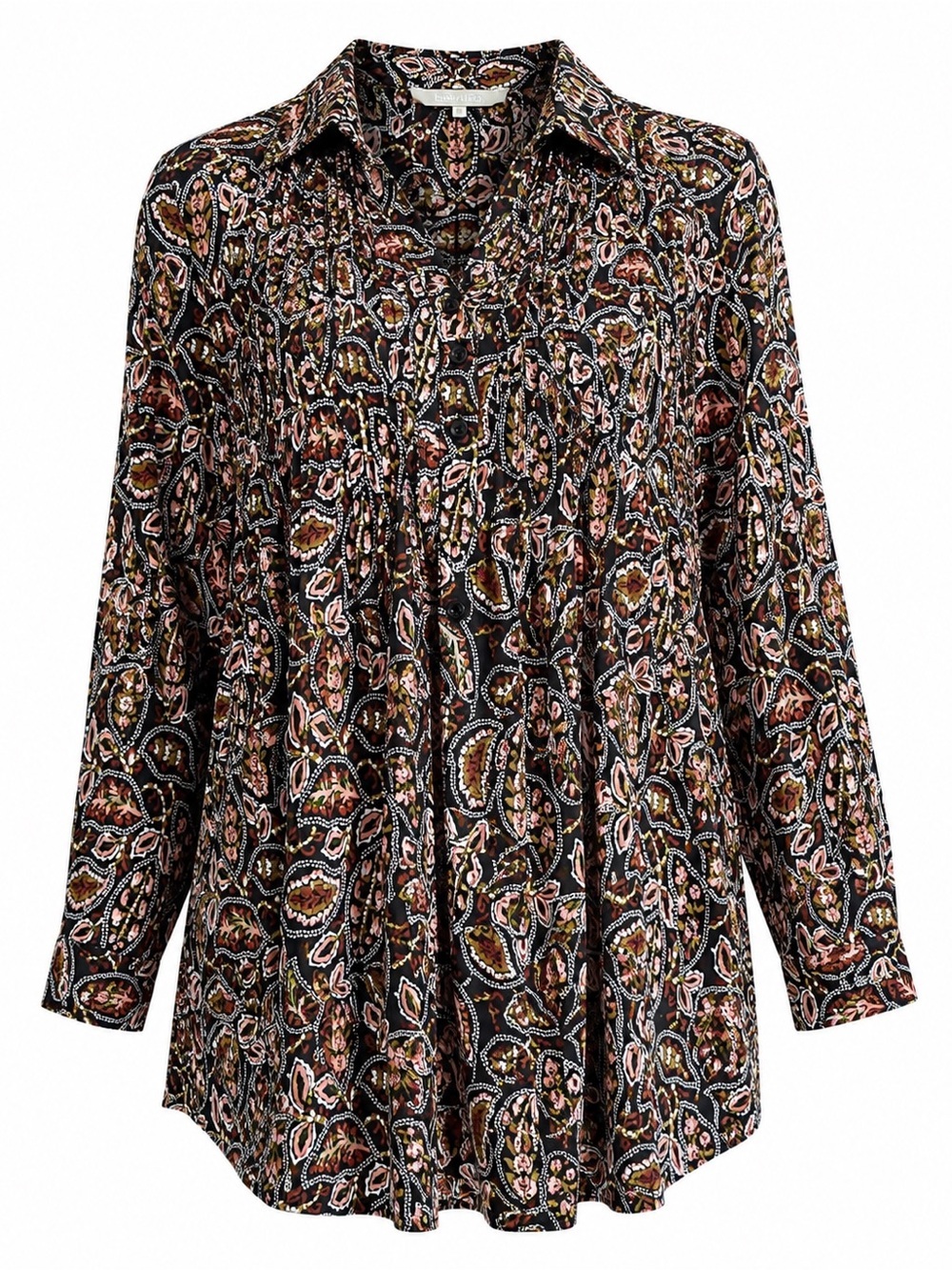 Sunny Leigh Boho Paisley Pleated Tunic Blouse Plus Sz 1X Black Pink Long Sleeve